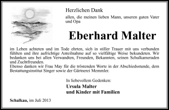 Traueranzeige von Eberhard Malter von Südthüringer Presse