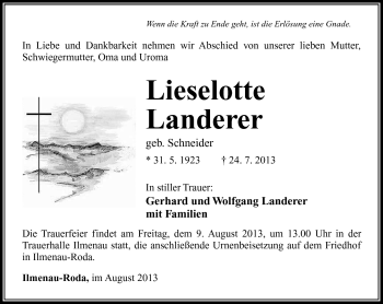 Traueranzeige von Lieselotte Landerer von Südthüringer Presse