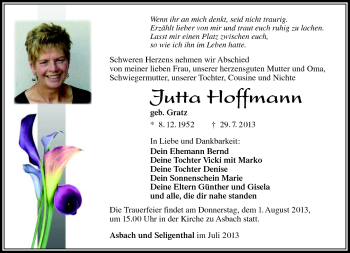 Traueranzeige von Jutta Hoffmann von Südthüringer Presse