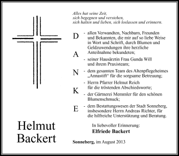 Traueranzeige von Helmut Backert von Südthüringer Presse