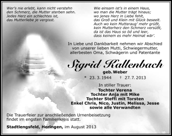 Traueranzeige von Sigrid Kallenbach von Südthüringer Presse