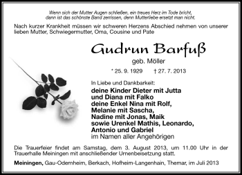 Traueranzeige von Gudrun Blaufuß von Südthüringer Presse