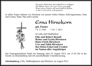 Traueranzeige von Erna Hirsekorn von Südthüringer Presse