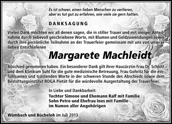 Traueranzeige von Margarete Machleidt von Südthüringer Presse