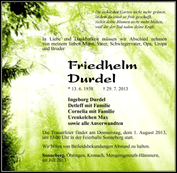 Traueranzeige von Friedhelm Durdel von Südthüringer Presse