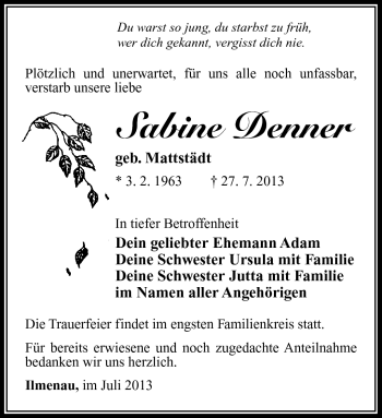 Traueranzeige von Sabine Denner von Südthüringer Presse