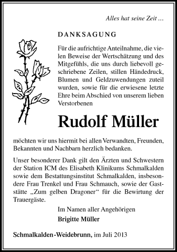 Traueranzeige von Rudolf Müller von Südthüringer Presse