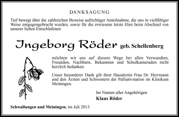Traueranzeige von Ingeborg Röder von Südthüringer Presse