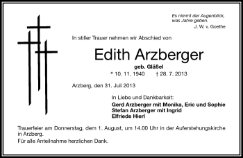 Traueranzeige von Edith Arzberger von Frankenpost