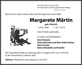 Traueranzeige von Margarete Märtin von Südthüringer Presse