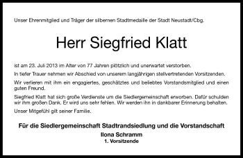 Traueranzeige von Siegfried Klatt von Neue Presse Coburg