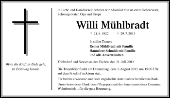 Traueranzeige von Willi Mühlbradt von Neue Presse Coburg