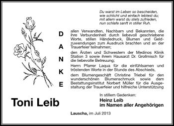 Traueranzeige von Toni Leib von Südthüringer Presse