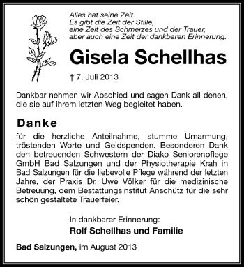 Traueranzeige von Gisela Schellhas von Südthüringer Presse