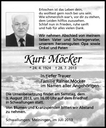 Traueranzeige von Kurt Möcker von Südthüringer Presse
