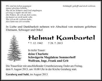 Traueranzeige von Helmut Kambartel von Südthüringer Presse