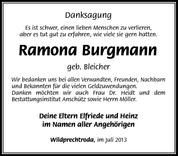 Traueranzeige von Ramona Burgmann von Südthüringer Presse