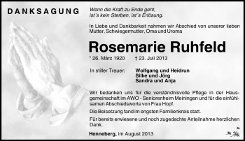 Traueranzeige von Rosemarie Ruhfeld von Südthüringer Presse
