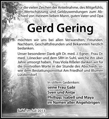 Traueranzeige von Gerd Gering von Südthüringer Presse