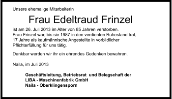 Traueranzeige von Edeltraud Frinzel von Frankenpost