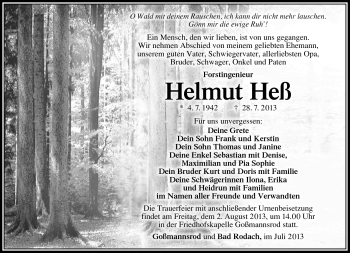Traueranzeige von Helmut Heß von Südthüringer Presse