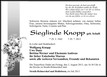 Traueranzeige von Sieglinde Knopp von Südthüringer Presse