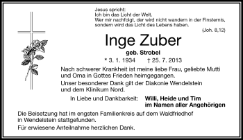 Traueranzeige von Inge Zuber von Frankenpost