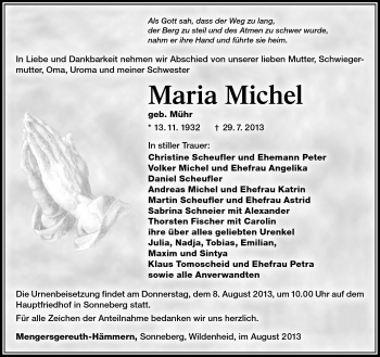 Traueranzeige von Maria Michel von Südthüringer Presse