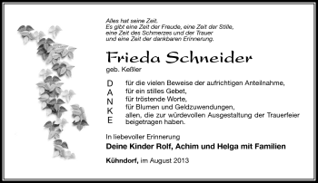 Traueranzeige von Frieda Schneider von Südthüringer Presse