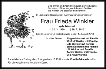 Traueranzeige von Frieda Winkler von Frankenpost