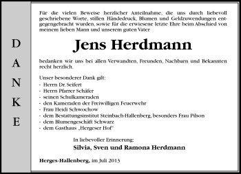 Traueranzeige von Jens Herdmann von Südthüringer Presse