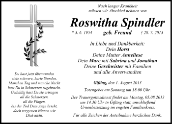 Traueranzeige von Roswitha Spindler von Neue Presse Coburg