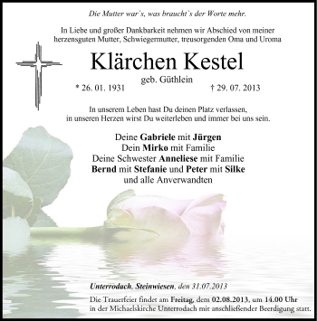 Traueranzeige von Klärchen Kestel von Neue Presse Coburg