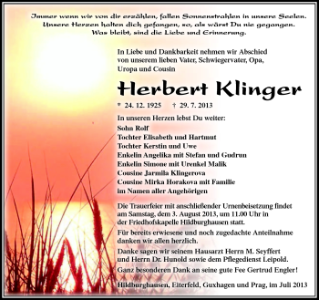 Traueranzeige von Herbert Klinger von Südthüringer Presse