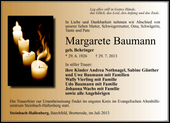 Traueranzeige von Margarete Baumann von Südthüringer Presse