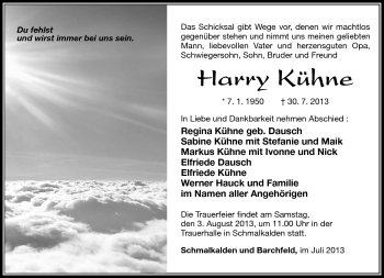 Traueranzeige von Harry Kühne von Südthüringer Presse
