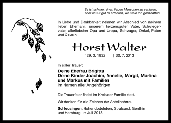 Traueranzeige von Horst Walter von Südthüringer Presse