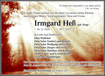Traueranzeige von Irmgard Heß von Südthüringer Presse