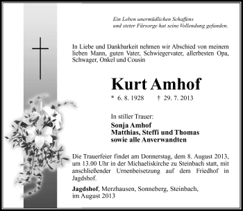 Traueranzeige von Kurt Amhof von Südthüringer Presse