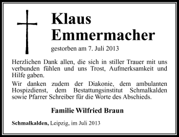 Traueranzeige von Klaus Emmermacher von Südthüringer Presse