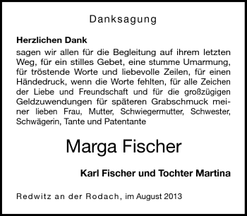 Traueranzeige von Marga Fischer von Neue Presse Coburg