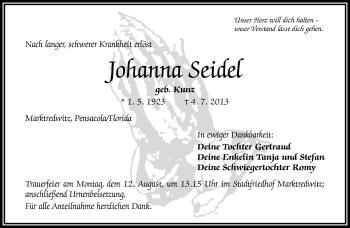 Traueranzeige von Johanna Seidel von Frankenpost