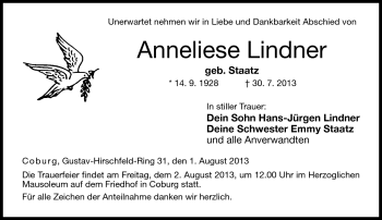 Traueranzeige von Anneliese Lindner von Neue Presse Coburg