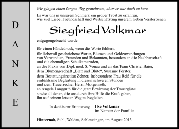 Traueranzeige von Siegfried Volkmar von Südthüringer Presse
