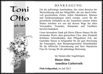 Traueranzeige von Toni Otto von Südthüringer Presse