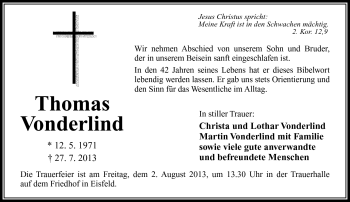 Traueranzeige von Thomas Vonderlind von Südthüringer Presse