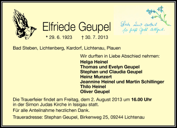 Traueranzeige von Elfriede Geupel von Frankenpost