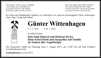 Traueranzeige von Günther Wittenhagen von Südthüringer Presse