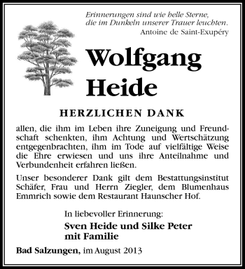 Traueranzeige von Wolfgang Heide von Südthüringer Presse