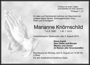Traueranzeige von Marianne Knörnschild von Frankenpost